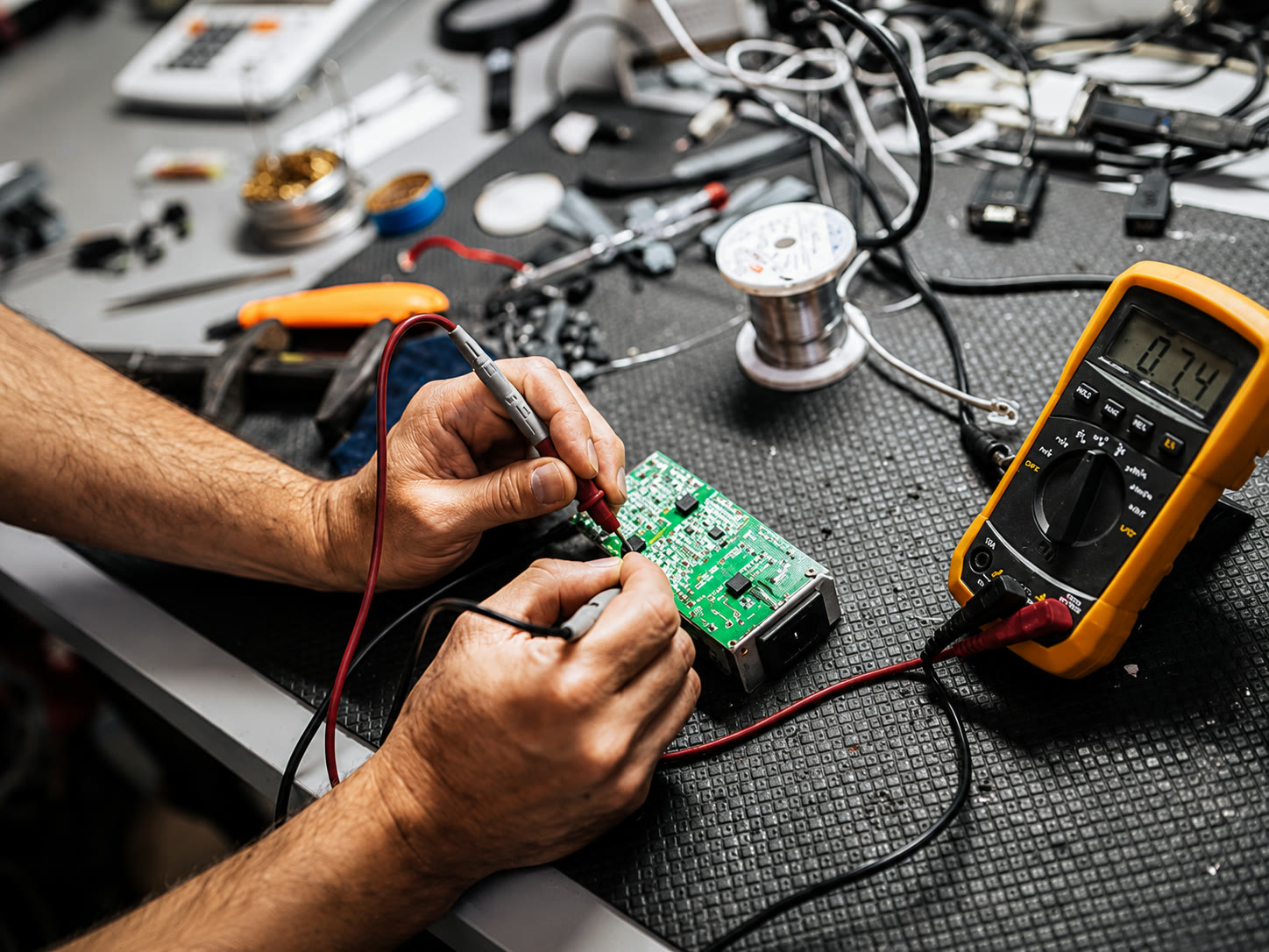 An engineer probing a circuit board with a multimeter at a workbench