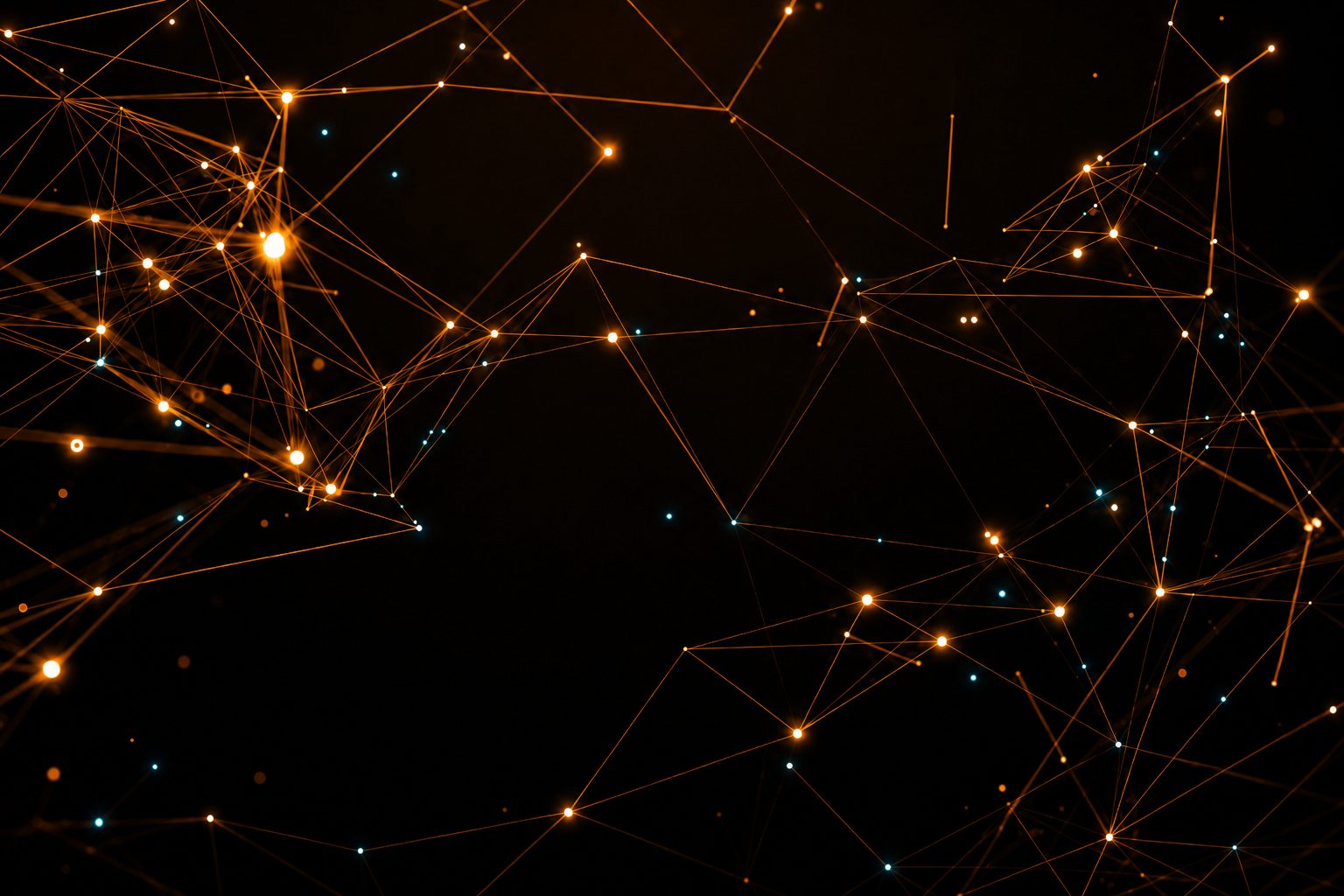 A web of glowing network connections in the dark, several links broken
