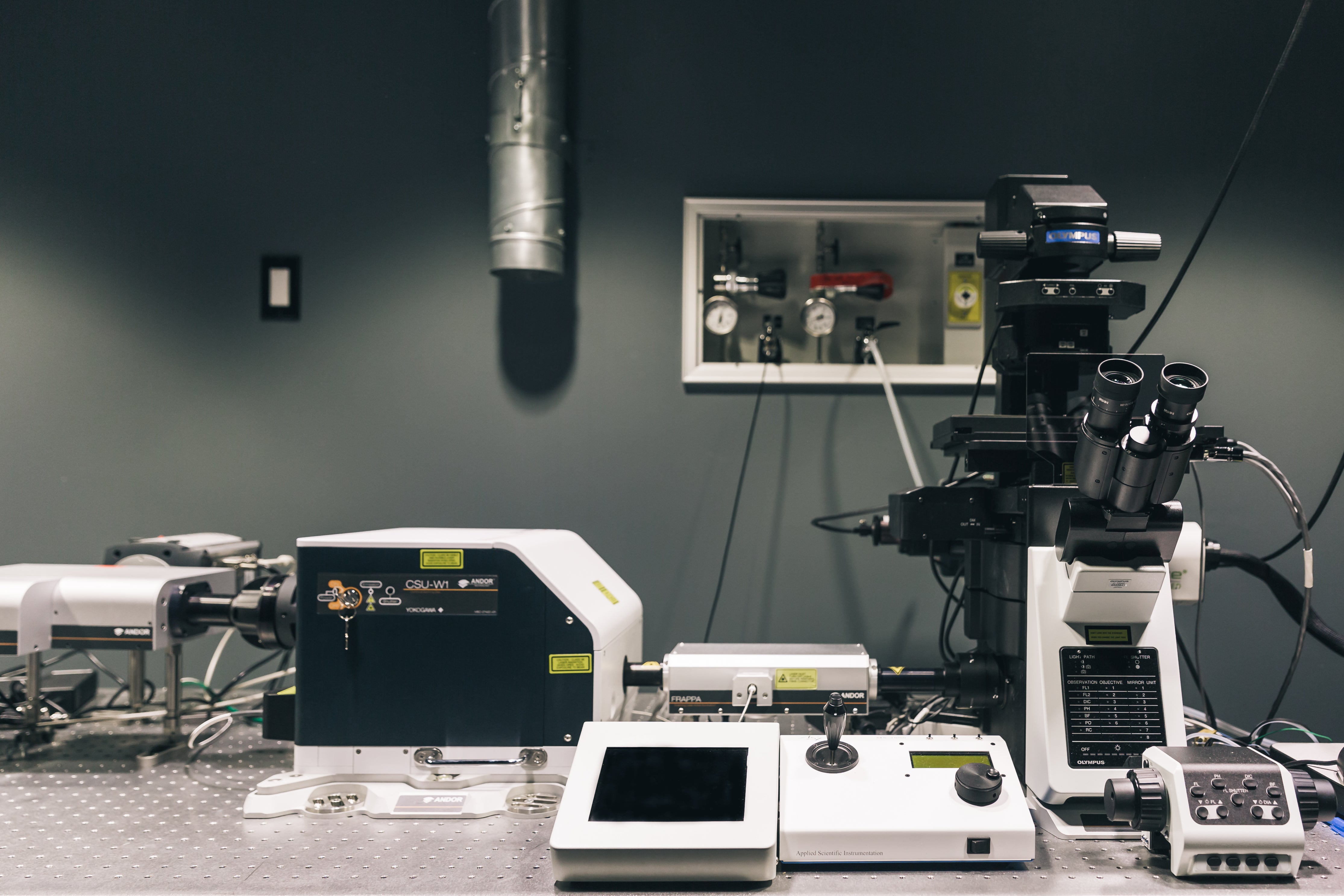 Confocal microscope rig on an optical bench