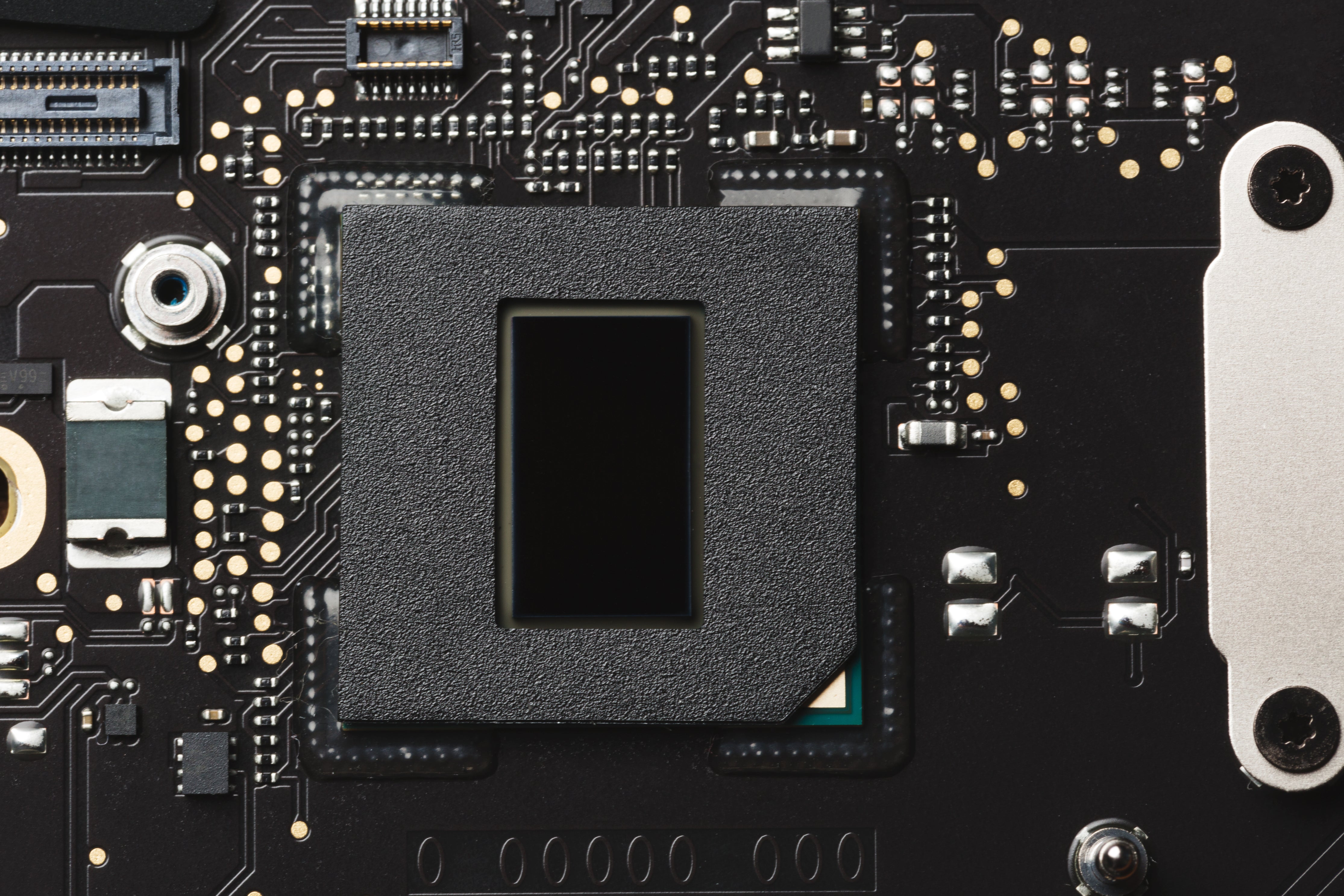 Macro close-up of a circuit board and processor