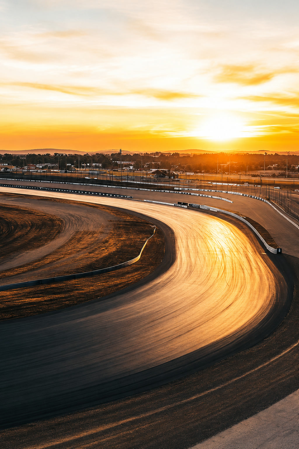 A racetrack curving toward a glowing sunrise on the horizon, the open road ahead