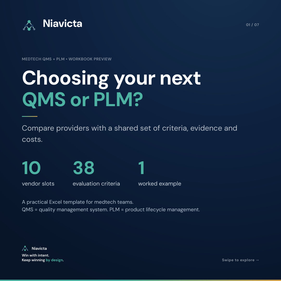 Cover of the medtech QMS and PLM vendor evaluation workbook