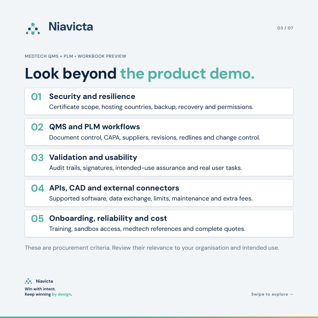 Workbook criteria areas: security and resilience, QMS and PLM workflows, validation and usability, APIs and connectors, onboarding, reliability and cost