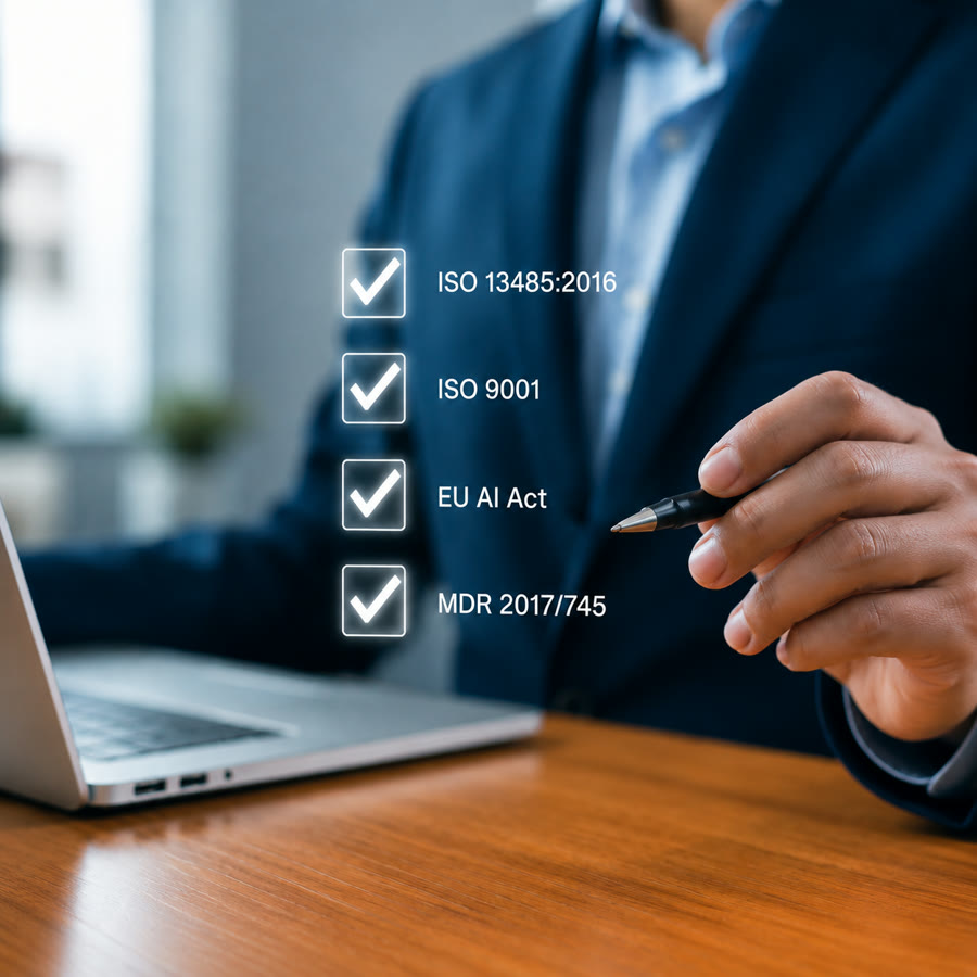 A compliance checklist with ISO 13485, ISO 9001, EU AI Act and MDR ticked off