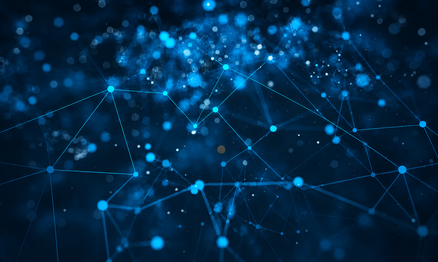 A network of glowing connected nodes on a dark blue background